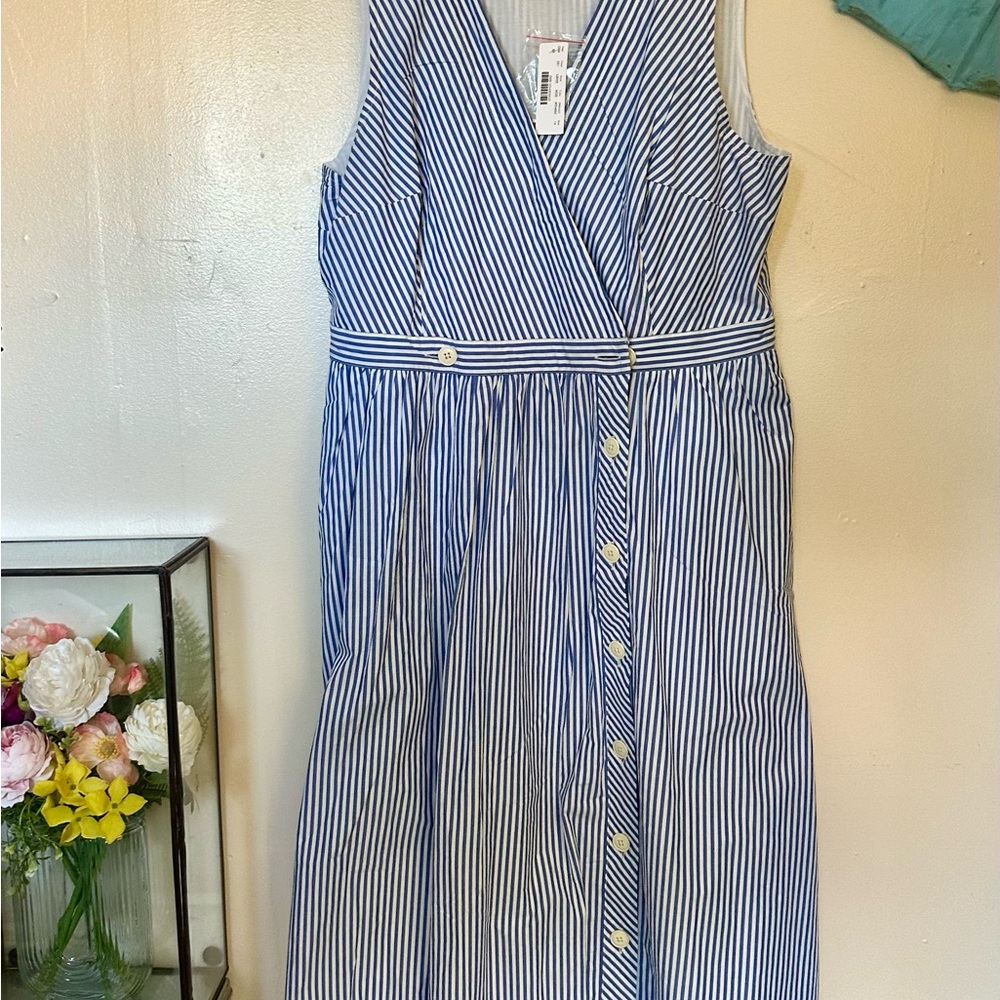 J. Crew Blue and White Striped V-Neck Dress NEW